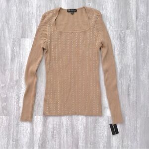Square Neck Beige Rhinestone Studded Ribbed Long Sleeve Top L